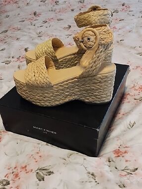 Marc Fisher Beige Braided Platform Wedge Sandals with Ankle Strap